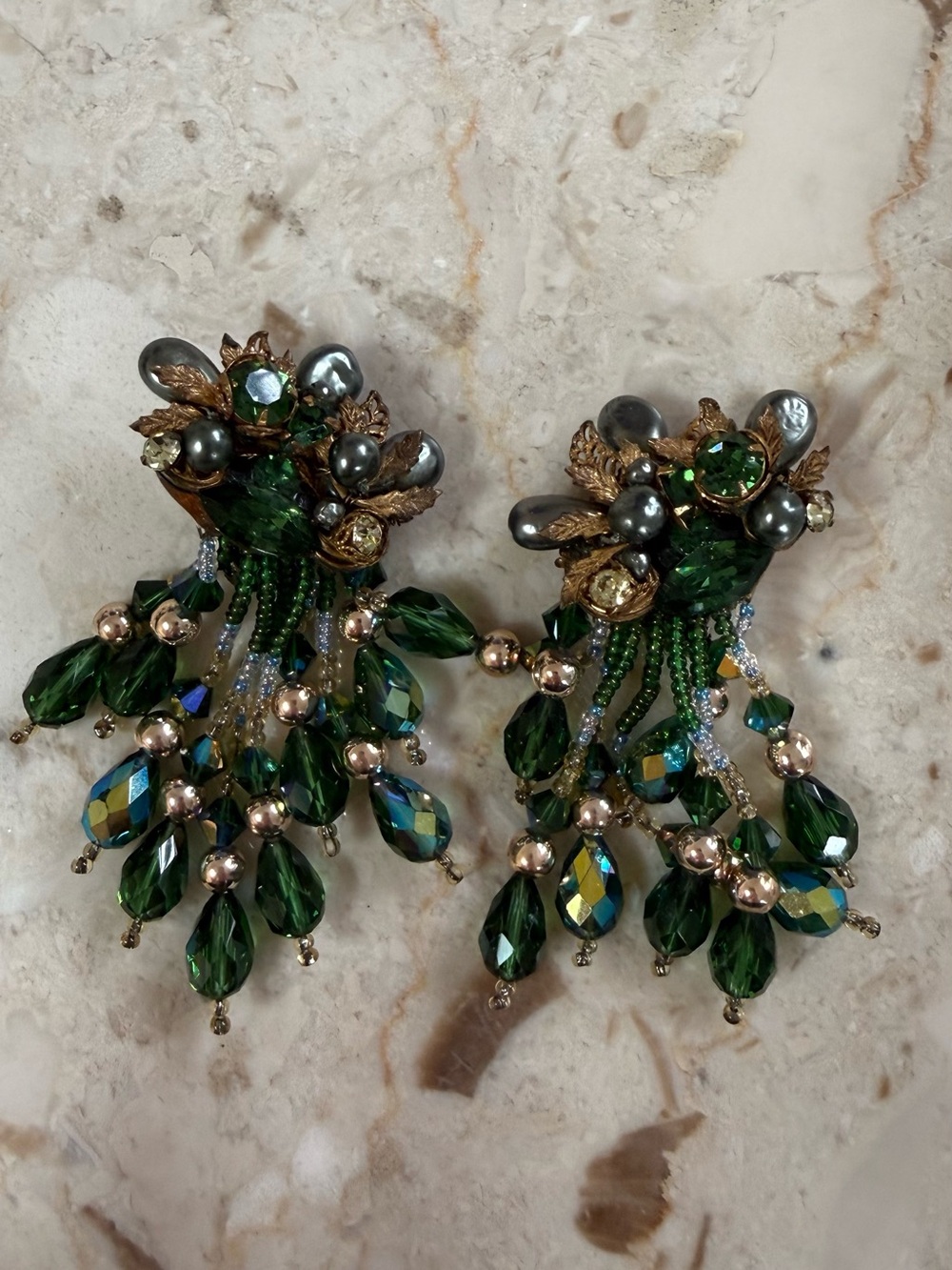 Green Crystal Chandelier Earrings with Gold Accents - Clip On